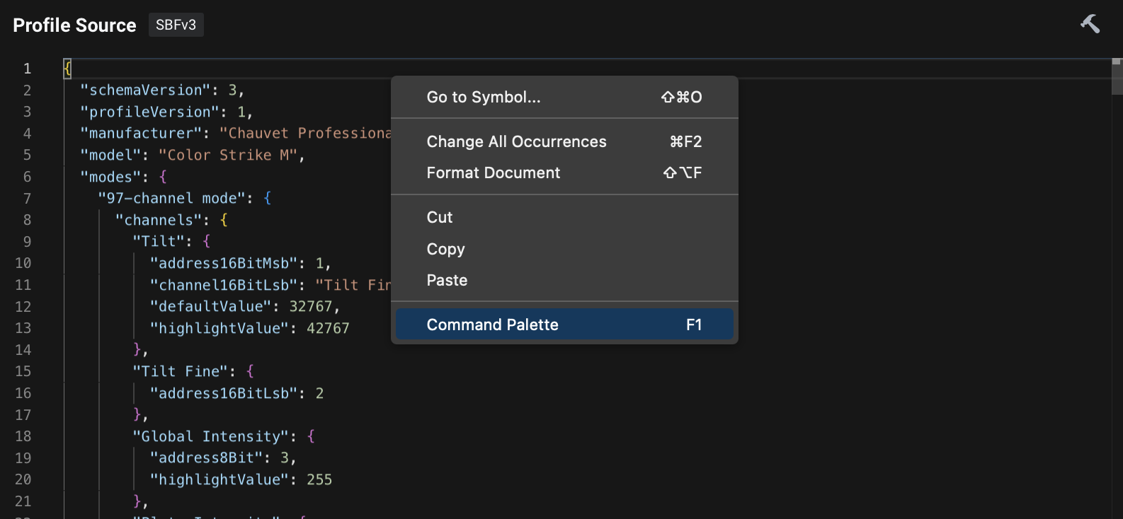 Profile Source code editor context menu