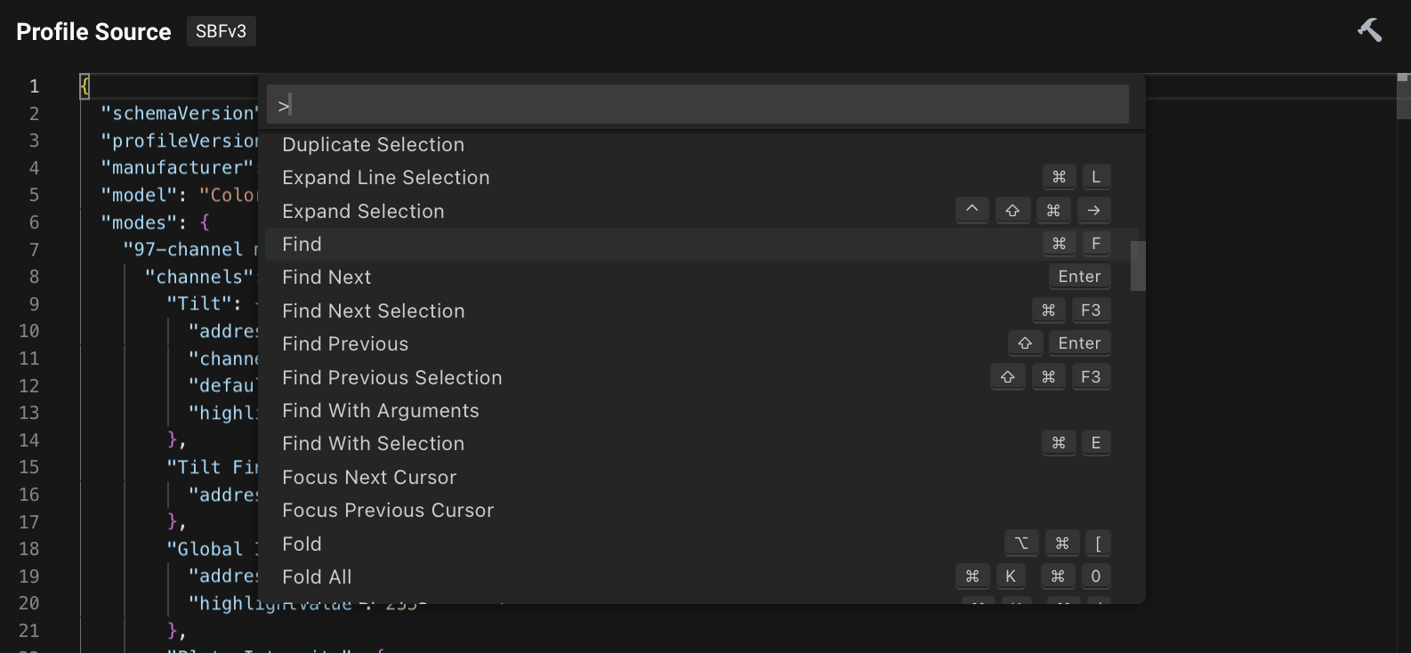 Profile Source code editor command palette