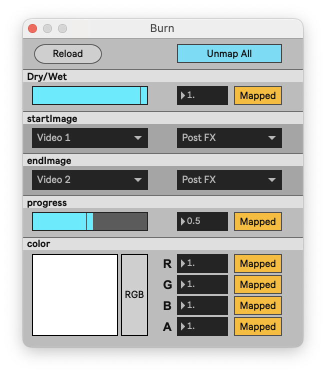 Configure window of Burn shader