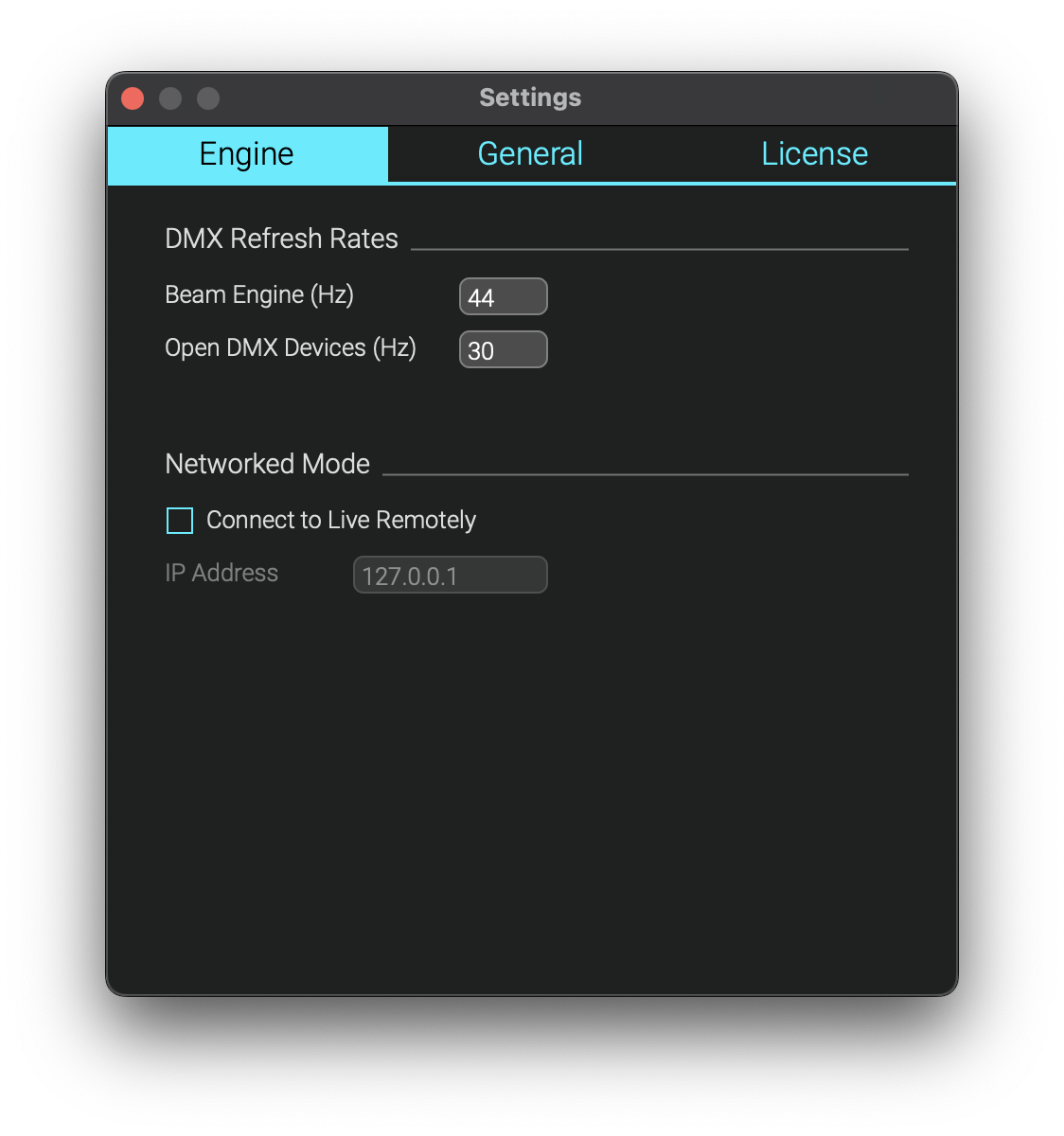 Engine tab of the Settings window