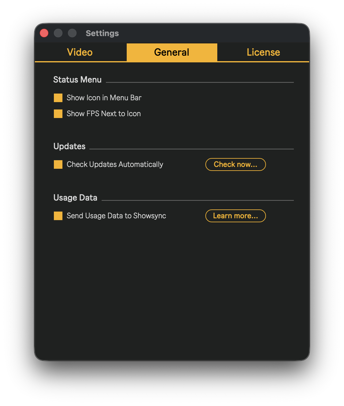 General tab of the Settings window