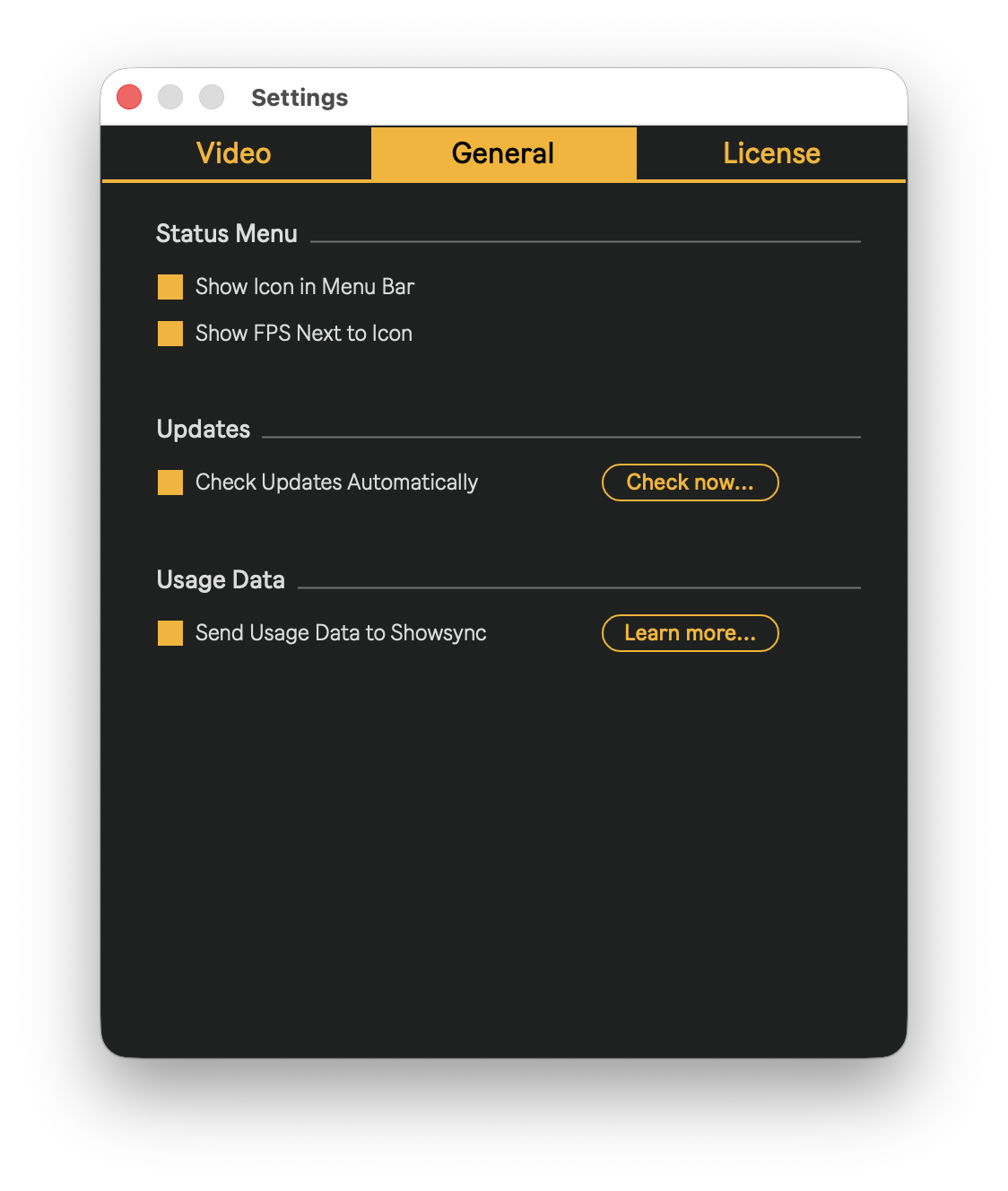 General tab of the Settings window
