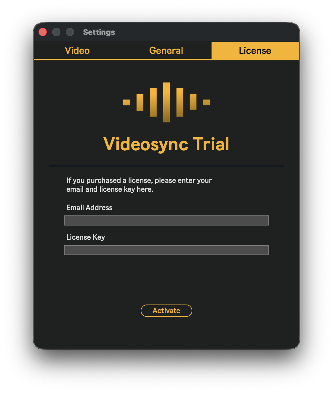 Licence tab in the Settings window