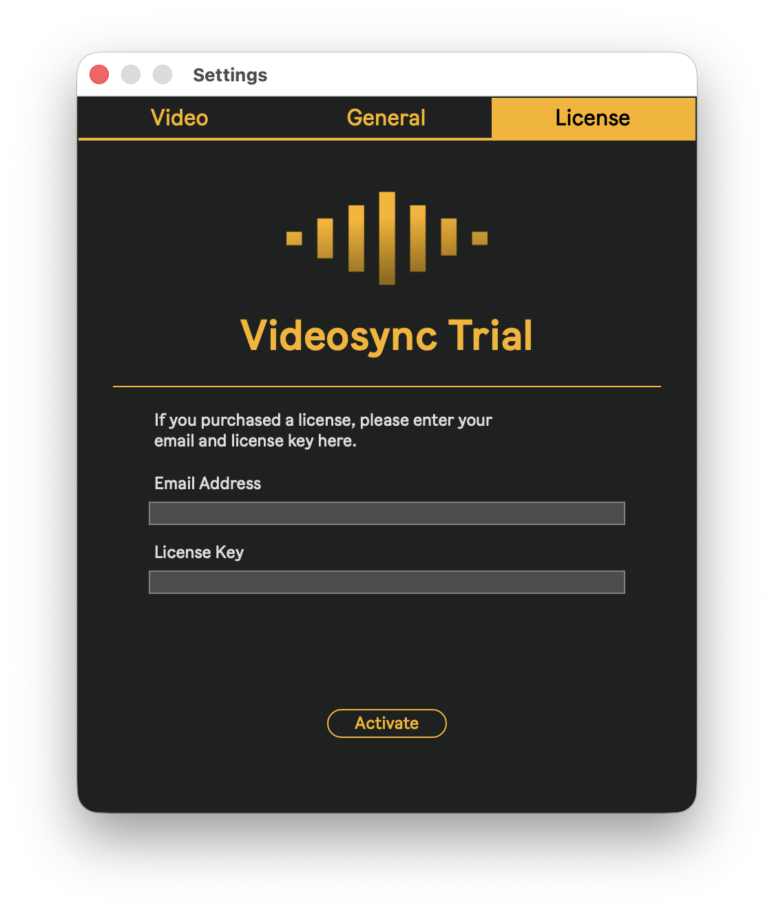 Licence tab in the Settings window