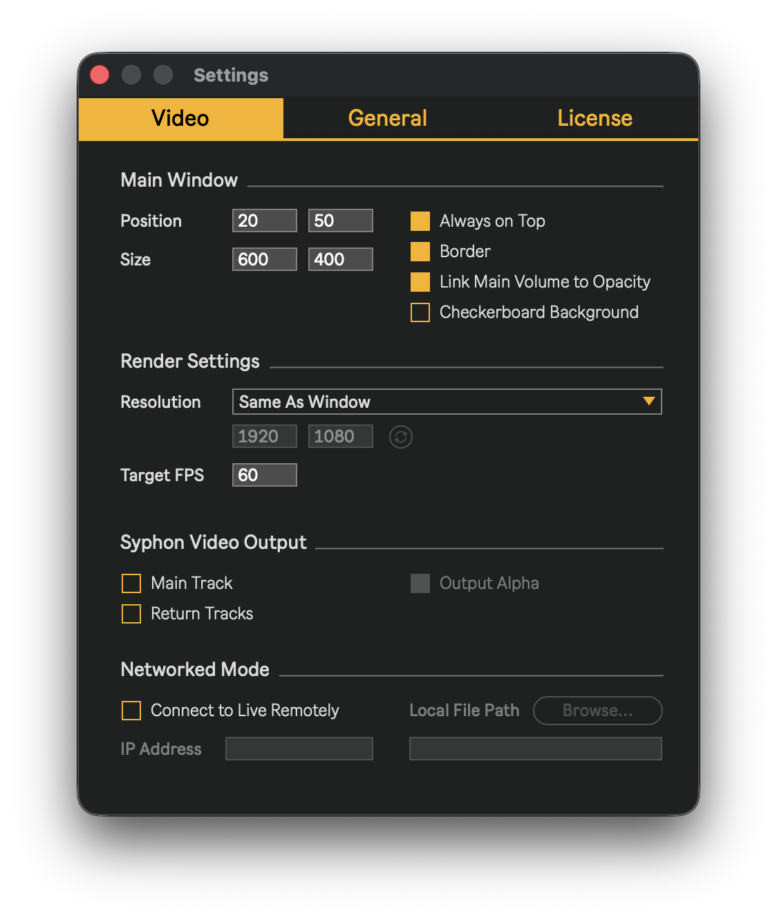 Settings window