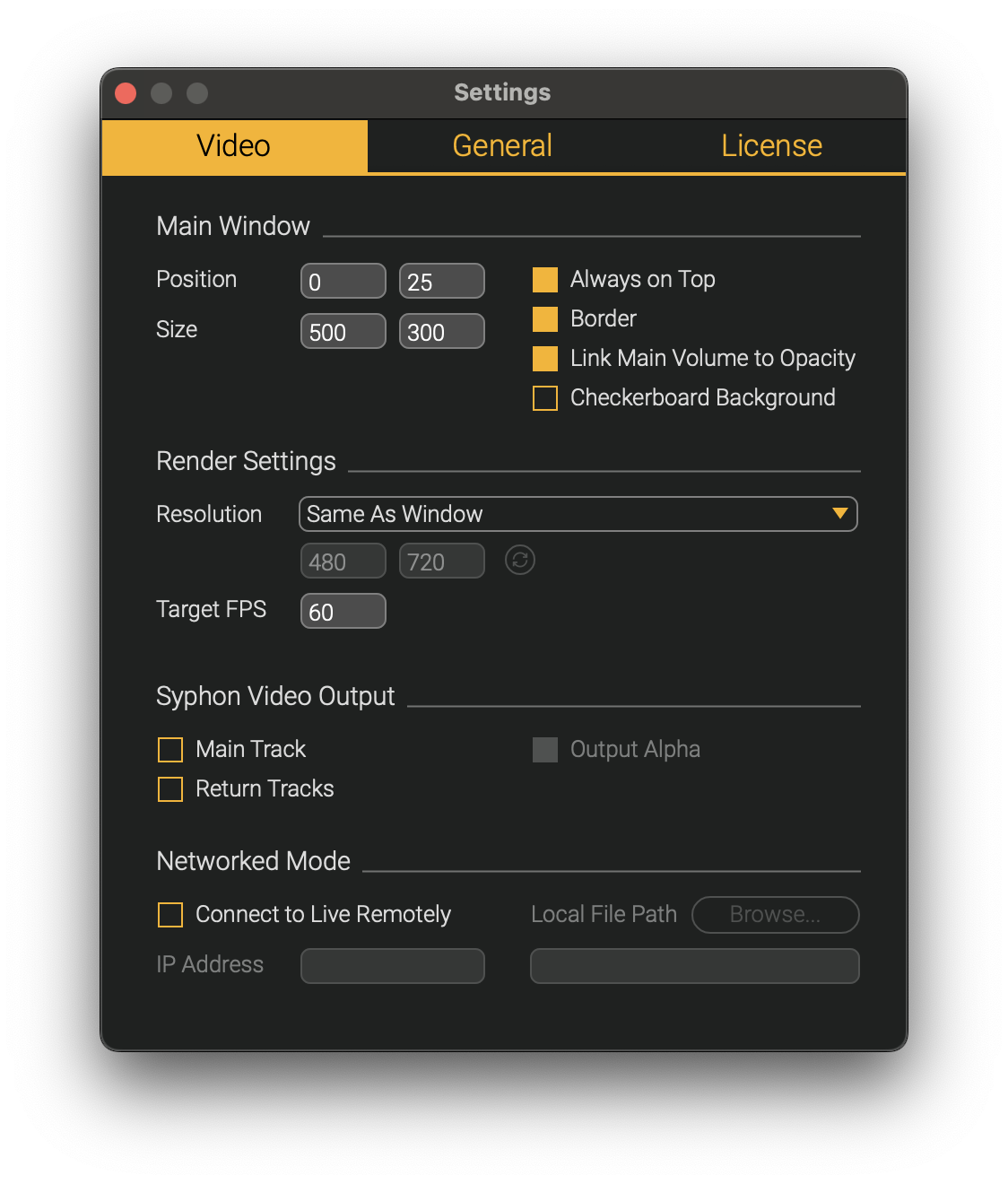 Video tab of the Settings window