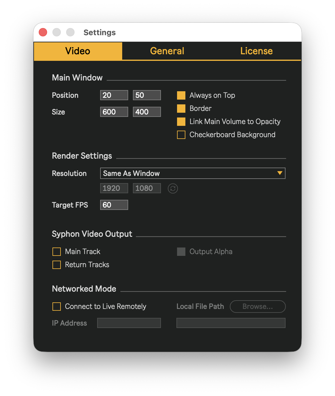Settings window