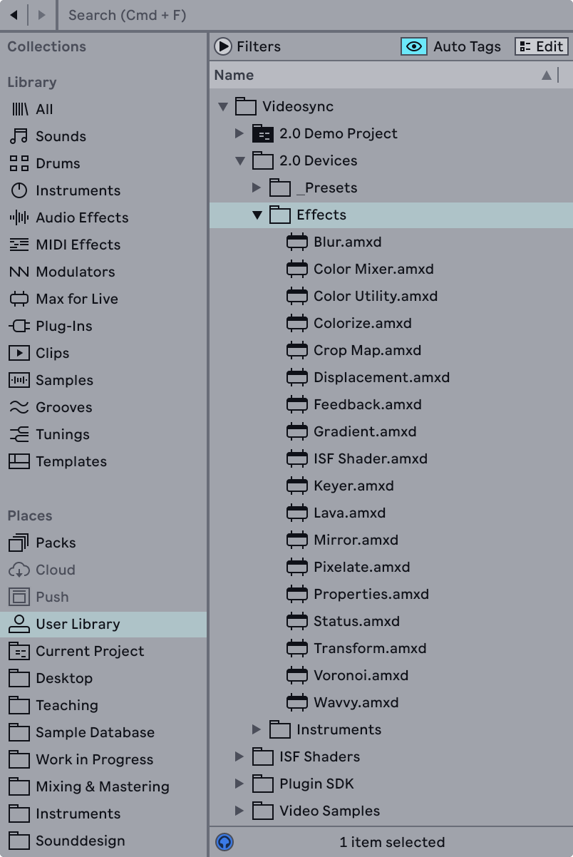 Videosync devices in the User Library